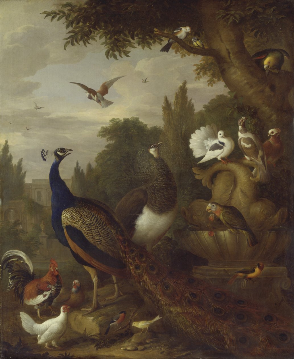 Peacock, Peahen, Parrots, Canary, and Other Birds in a Park by Jakob Bogdani or Bogdany