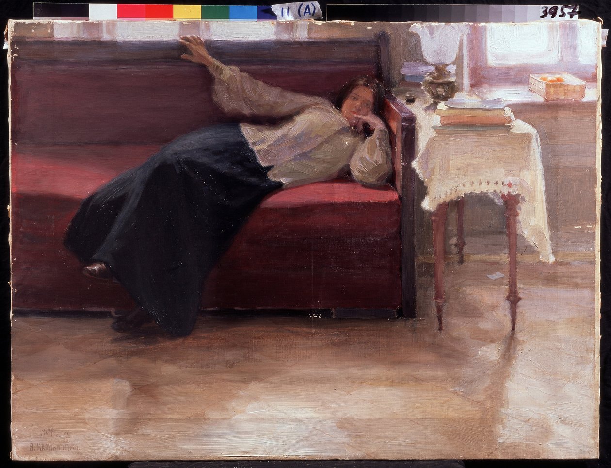 Dreams: Pensive Young Girl Lying on a Couch by Jakoff Jakovlevitch Kalinitchenko