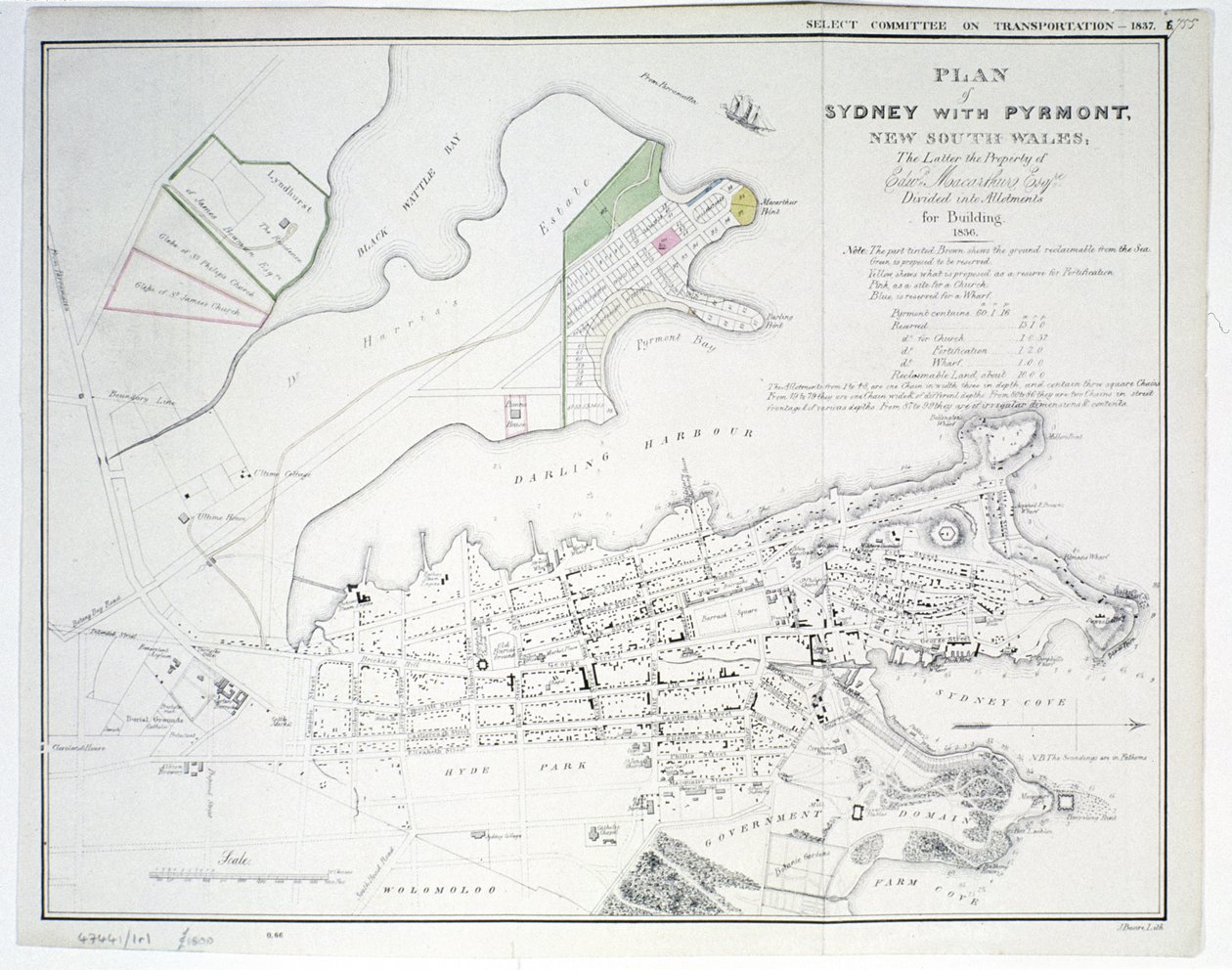 Plan of Sydney with Pyrmont, New South Wales, the latter the Property of Edward Macarthure Esquire Divided into Allotments for Building, 1836, published by James and Luke G. Hansard and Sons, London, 1837 by James Basire