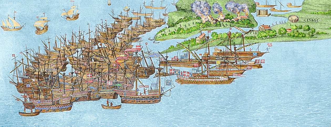 The French fleet becalmed and the attack on the Isle of Wight, 1545 (detail) by James Basire