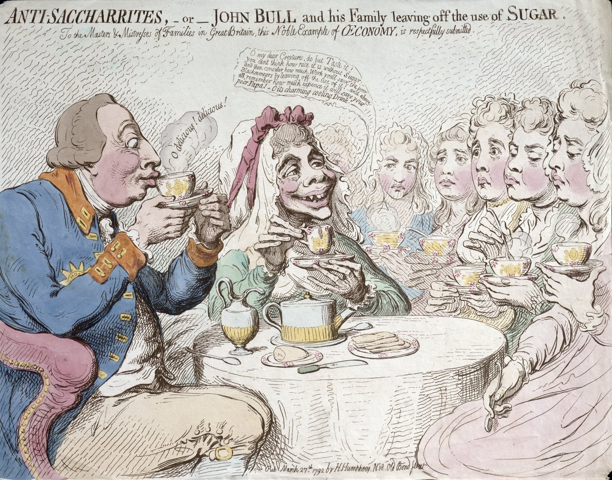 Anti-Saccharites, or John Bull and his Family leaving off the use of Sugar, published by Hannah Humphrey in 1792 by James Gillray