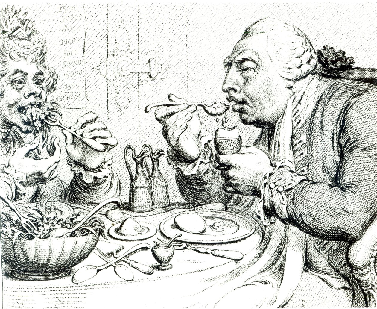 Temperance Enjoying a Frugal Meal, caricature of George III and Queen Charlotte by James Gillray