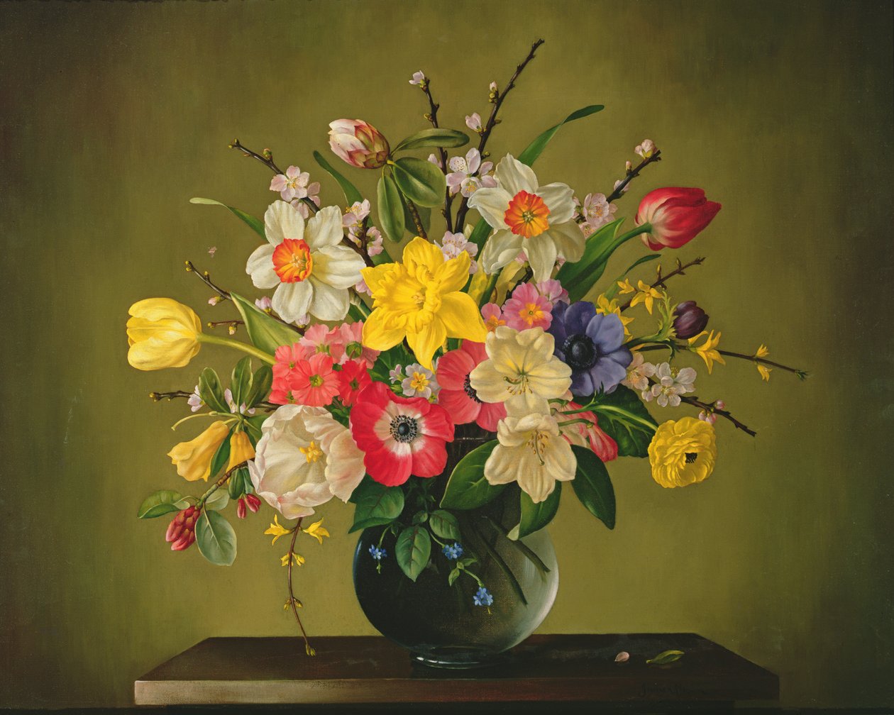 Narcissi, Anemones, Tulips, Forsythia, Rhododendron and Apple Blossom in a Glass Vase by James Noble