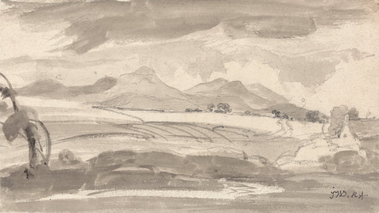 View Overlooking Fields to Distant Mountains, with a Cottage at Right by James Ward