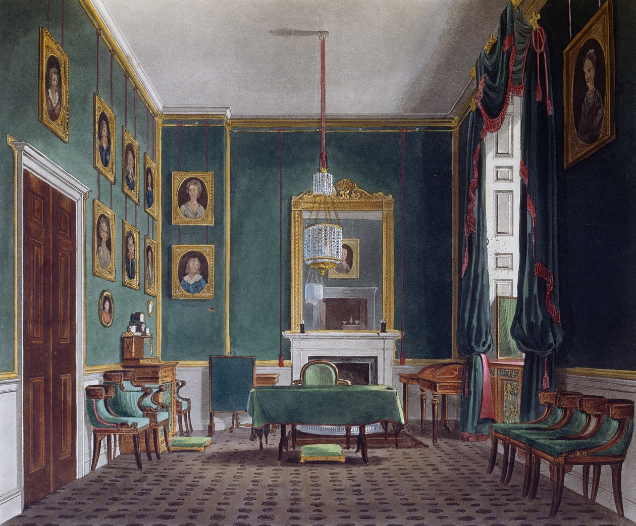 Green withdrawing room, Engraving by Daniel Havell, Based on design by James Stephanoff, From The History of the Royal Residences by James (after) Stephanoff