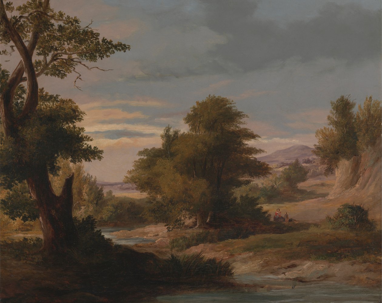 A Wooded River Landscape with Mother and Child by James Arthur O