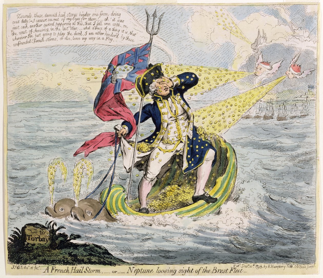 A French Hail Storm, or Neptune losing sight of the Brest Fleet (published by Hannah Humphrey in 1793) by James Gillray