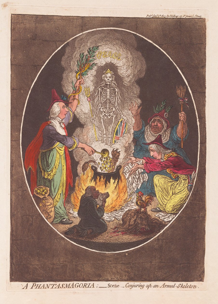 A Phantasmagoria: Scene - Conjuring up an Armed Skeleton, pub. 1803 by James Gillray
