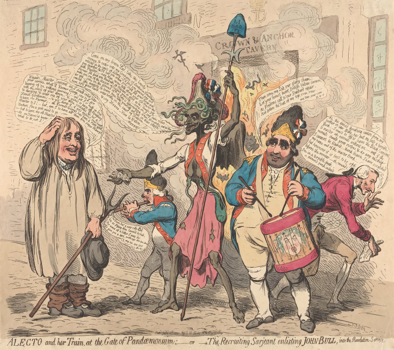 Alecto and Her Train, at the Gate of Pandemonium; or The Recruiting Sergeant Enlisting John Bull into the Revolution Service by James Gillray