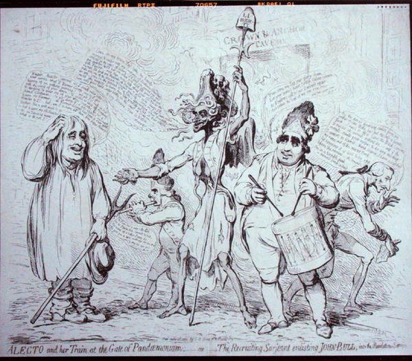 Alecto and her Train at the Gate of Pandemonium, or The Recruiting Serjeant enlisting John Bull into the Revolution Service, published by S.W. Fores in 1791 by James Gillray