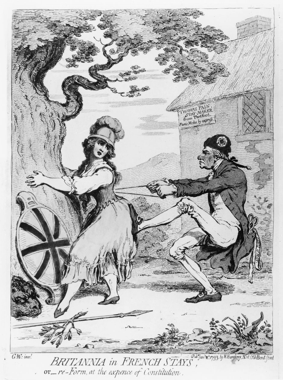 Britannia in French Stays, or Re-Form at the Expense of Constitution, published by Hannah Humphrey in 1793 by James Gillray
