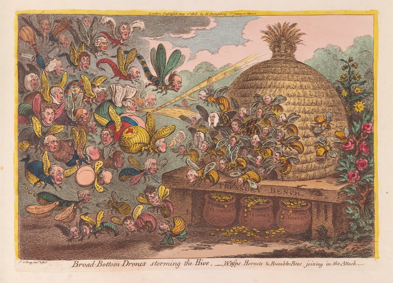 Broad Bottom Drones storming the Hive: Wasps, Hornets, & Bumble Bees joining the attack, pub. 1808 by James Gillray