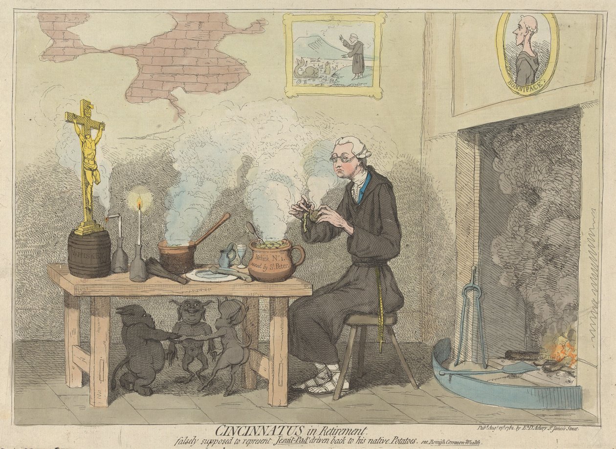 Cincinnatus in Retirement, Falsely Supposed to Represent Jesuit-Pad Driven Back to his Native Potatoes. (from: Caricature, vol. 2) by James Gillray
