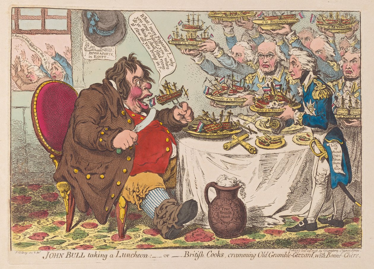 John Bull taking Luncheon or British Cooks cramming Old Grumble Gizzard with Bonne Chere by James Gillray