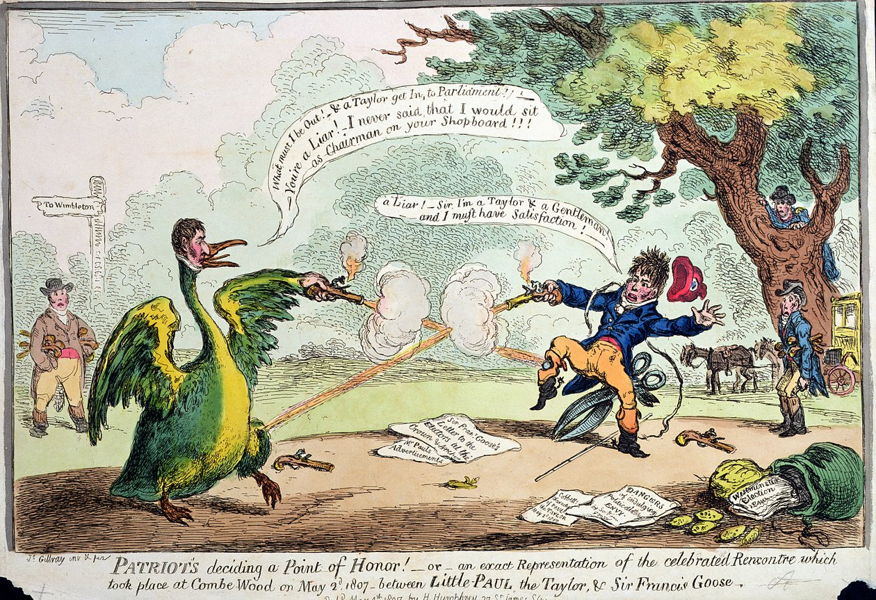 Patriots Deciding a Point of Honour! or An exact representation of the Rencontre which took place at Coombe Wood on May 2nd 1807 between Little Paul the Taylor and Sir Francis Goose by James Gillray