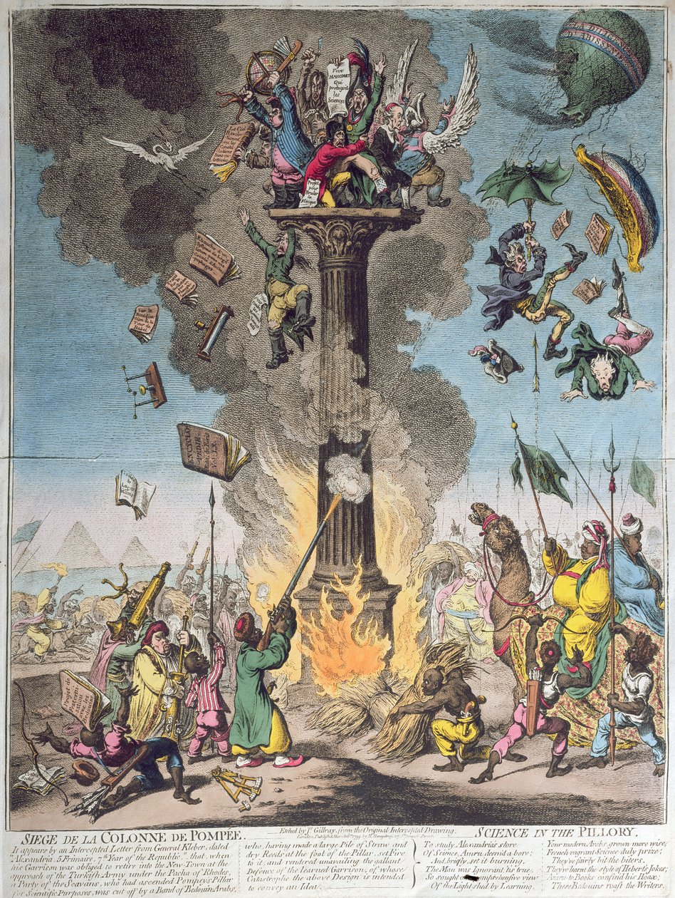 Siege de la Colonne de Pompee, or Science in the Pillory, published by H. Humphrey in 1799 by James Gillray