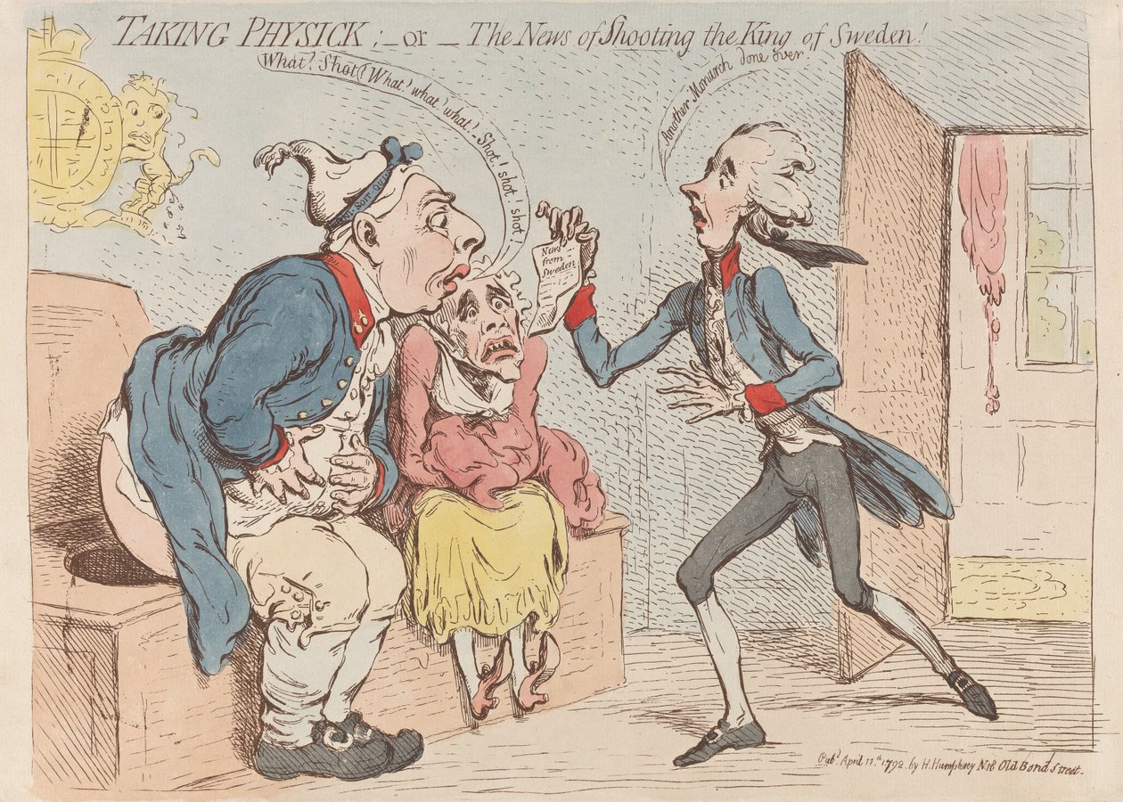 Taking Physick; or The News of Shooting the King of Sweden! by James Gillray
