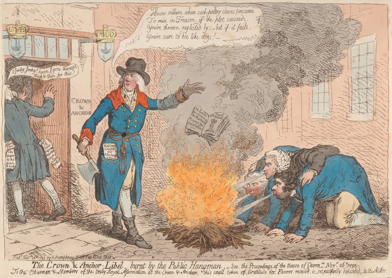 The Crown & Anchor - Libel, Burnt by the Public Hangman (from: Caricature, vol. 1) by James Gillray