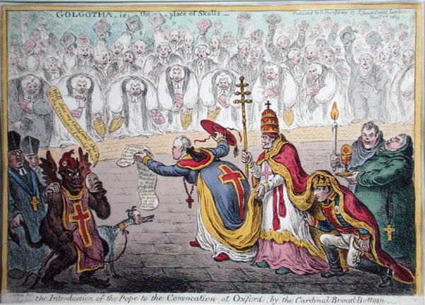 The Introduction of the Pope to the Convocation at Oxford by the cardinal Broad-Bottom, published by Hannah Humphrey in 1809 by James Gillray