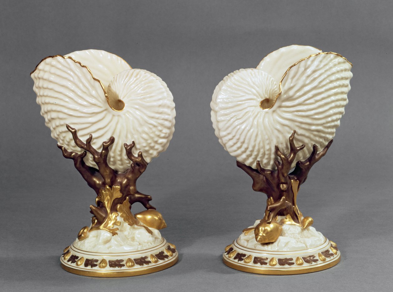 Pair of Worcester Vases Shaped as Nautilus Shells, 1880 by James Hadley