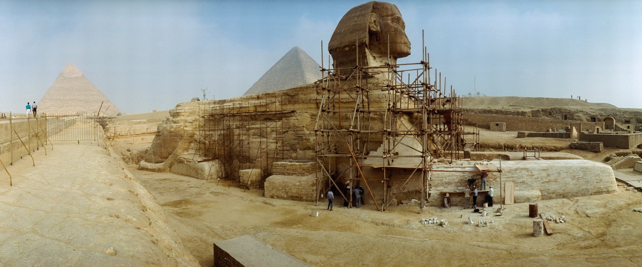 Panorama of restorers work to rebuild the base of Egypt's Great Sphinx