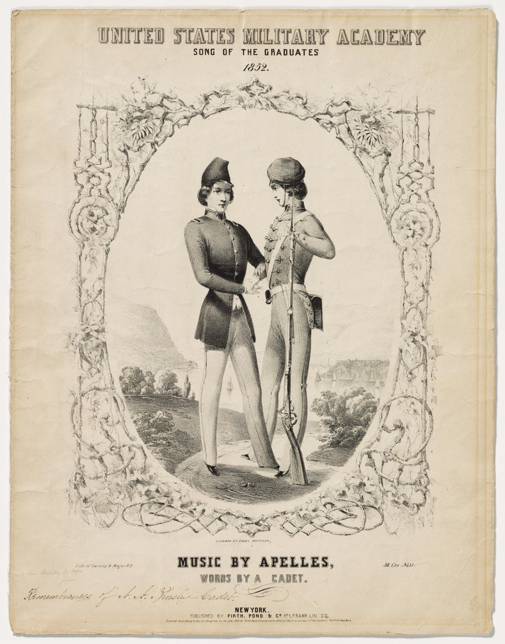 Design cover and sheet music for "West Point Song of the Graduates" by James McNeill Whistler