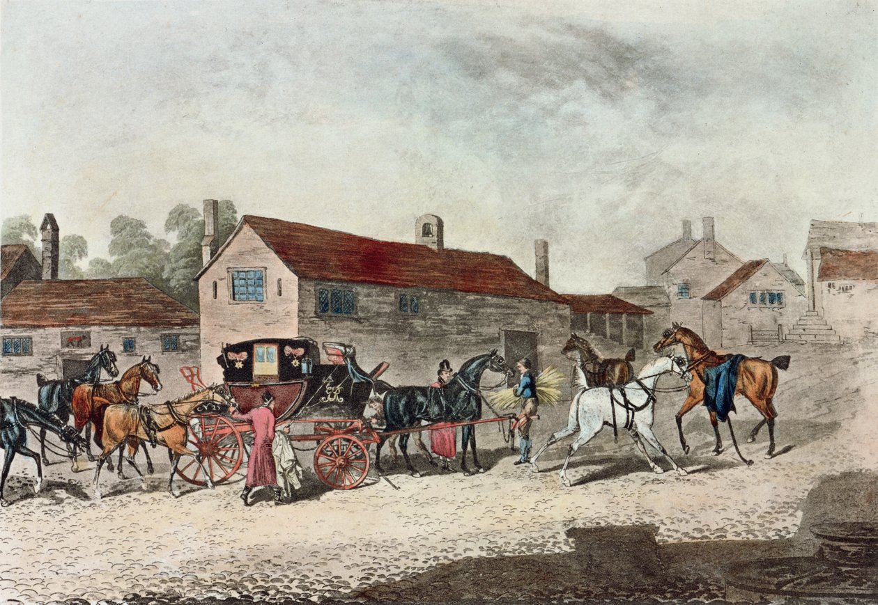 The Mail Coach Changing Horses, Engraved by R. Havell, 1815