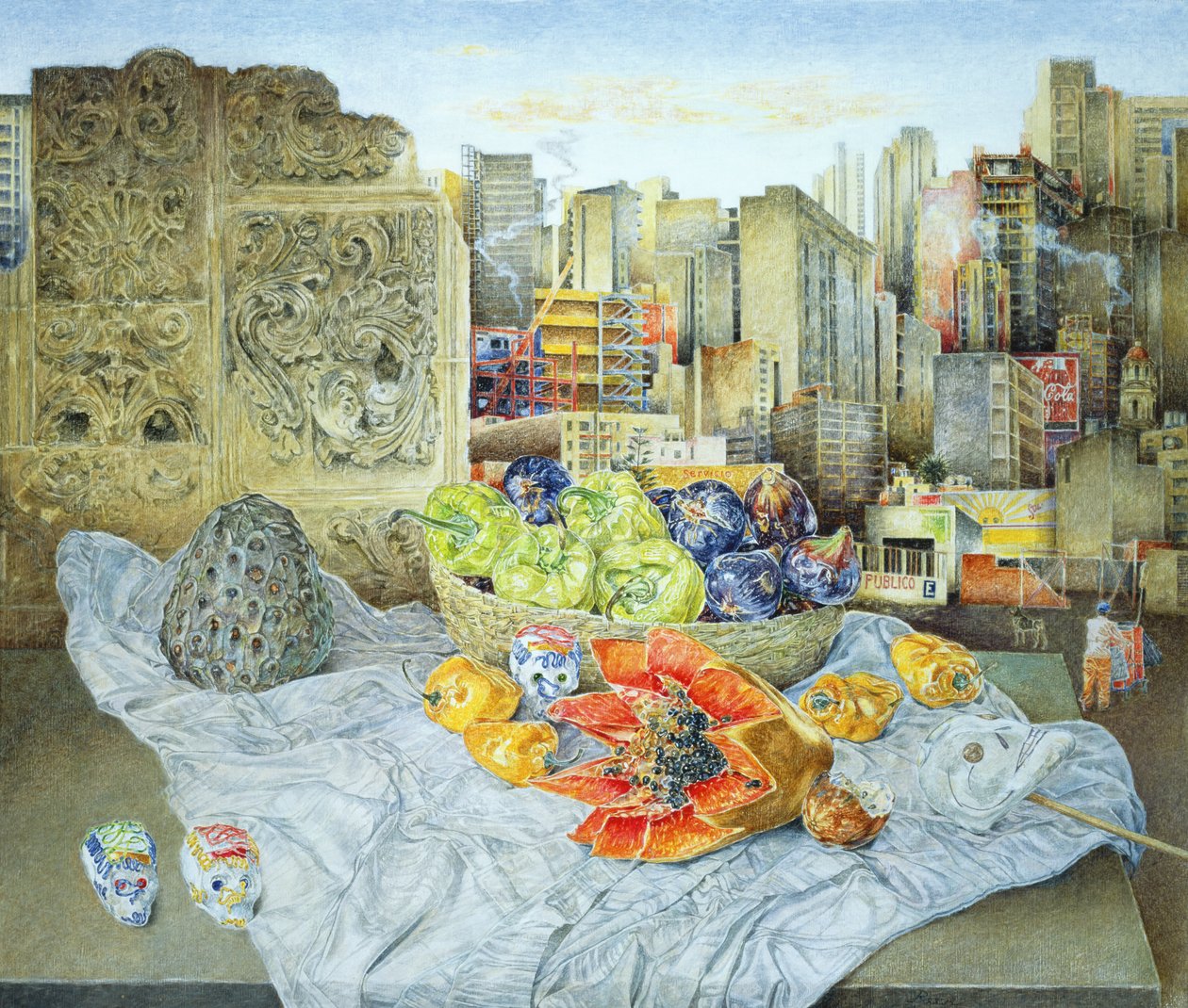 Still Life with Papaya and Cityscape by James Reeve