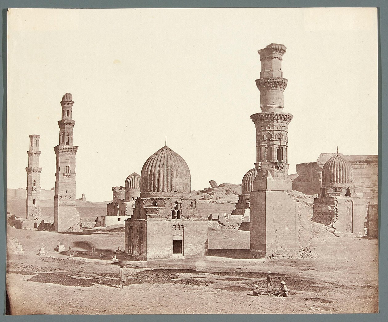 Egypt. Cairo. Southern Necropolis. In the foreground, the minaret at the mausoleum of Ali Badr Al-Karafi (1300-1310), in the background, the minaret Kusum from the Mamluk era by James Robertson