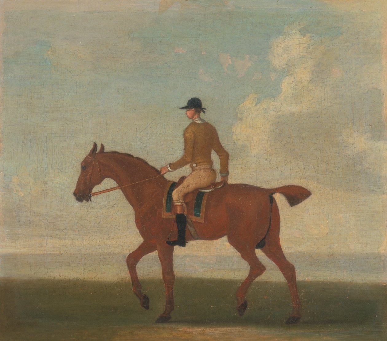 One of Four Portraits of Horses - a Chestnut Racehorse with Jockey Up: Walking to the Left; Jockey in Buff-Yellow Jacket by James Seymour