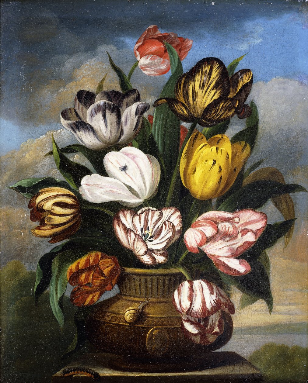 Tulips in a Vase, with a Caterpillar, a Snail, and a Fly, on a Plinth in a Landscape by James Sillett