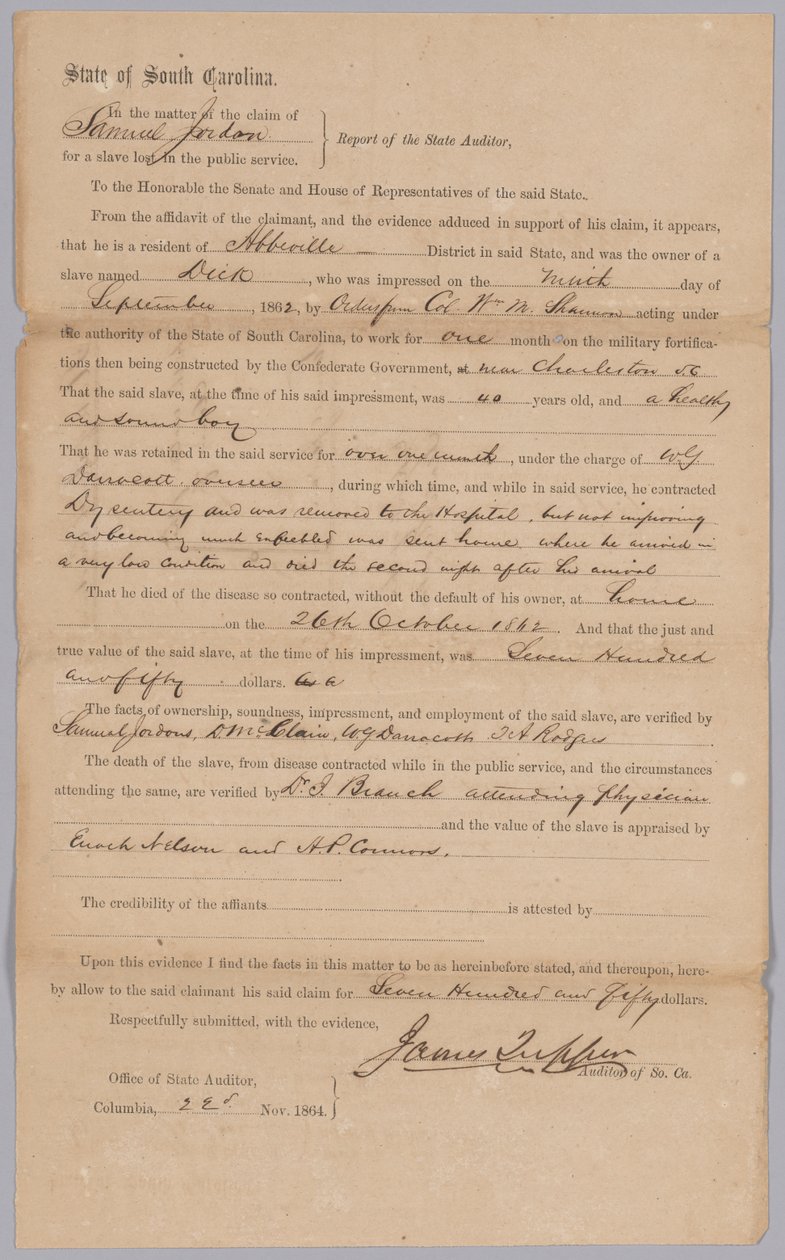 Claim awarded by the Confederate state of South Carolina for enslaved man Dick by James Tupper