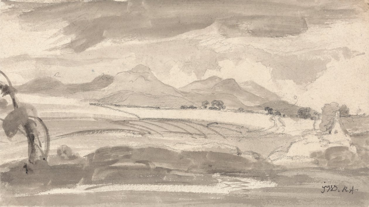 View Overlooking Fields to Distant Mountains, with a Cottage at Right by James Ward