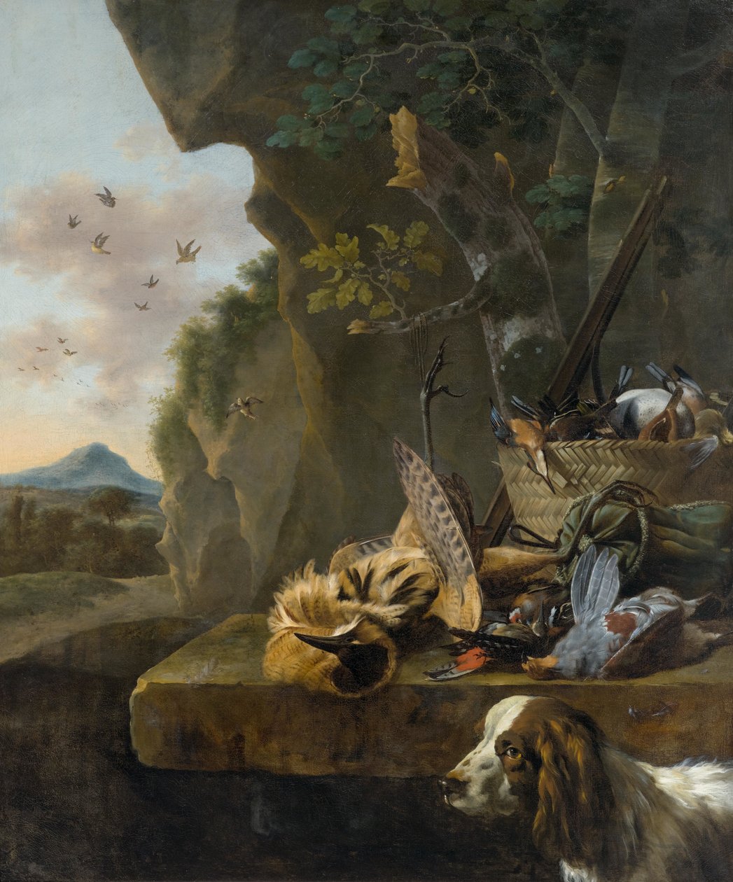Hunting Still Life with a Bittern and a Dog in a Landscape by Jan Baptist Weenix