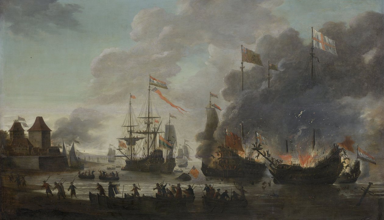 The Dutch Burn English Ships during the Expedition to Chatham, 20 June 1667 (Raid on the Medway) by Jan van Leyden