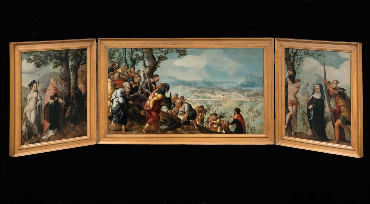 Triptych with The Entry of Christ into Jerusalem, Saints, and Patrons of the Van Lokhorst Family on the Outside of the Wings by Jan van Scorel