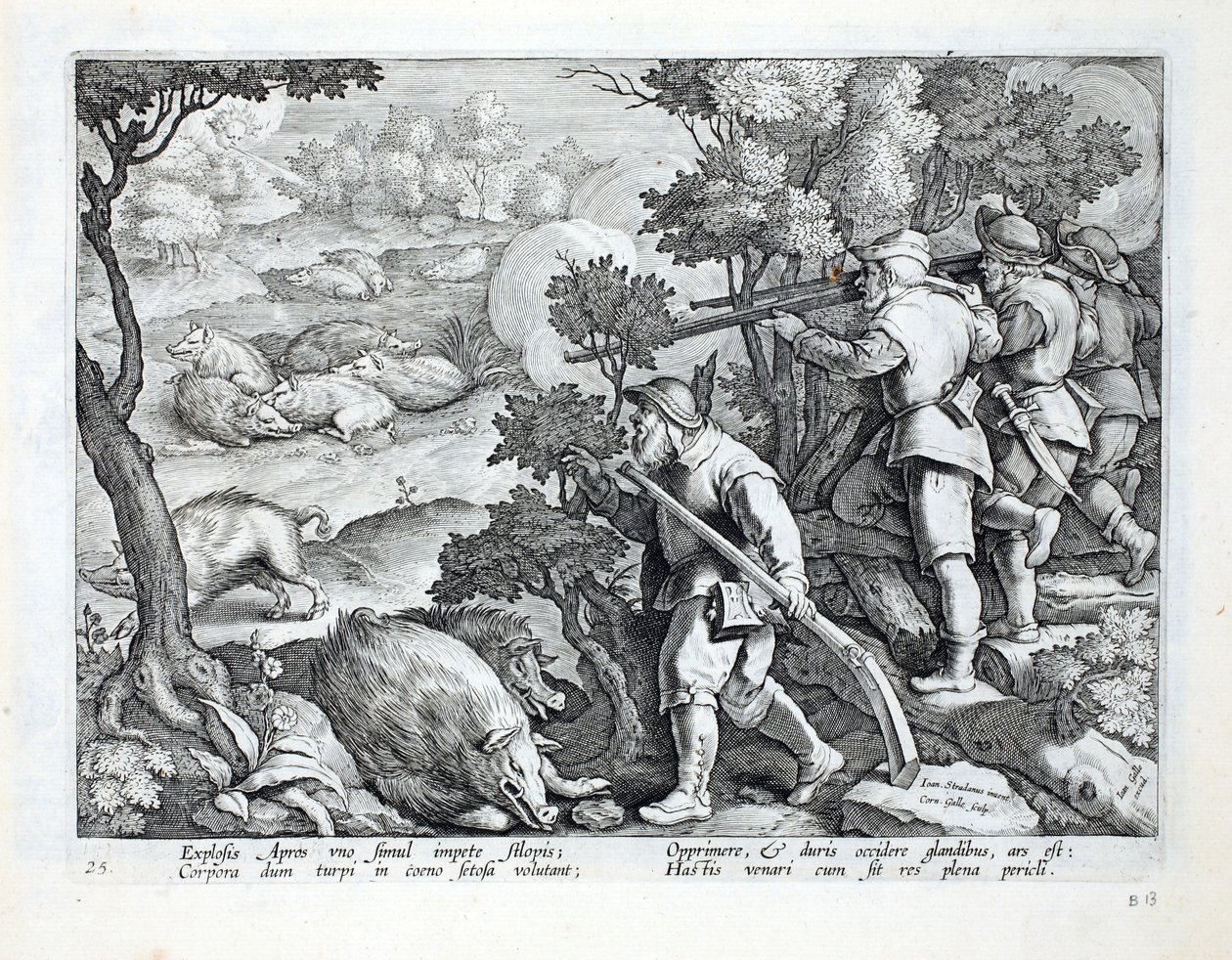 Hunters use guns to shoot down wild boar, who are wallowing in the mud, illustration from 