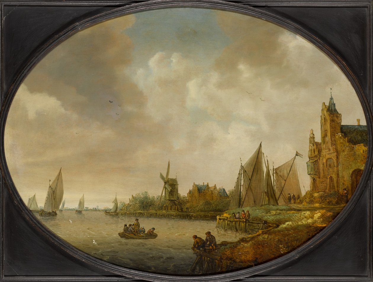 River Landscape with a Windmill, a Port Building, and Sailing Vessels by Jan Coelenbier