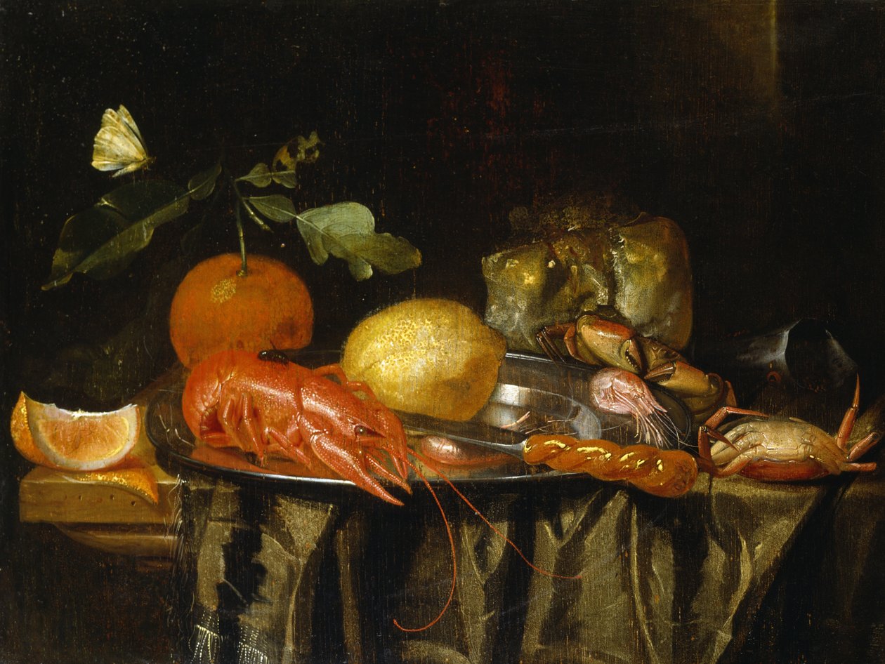 A Crayfish, Prawns and a Lemon on a Pewter Plate on a Draped Table by Jan Davidsz de (after) Heem