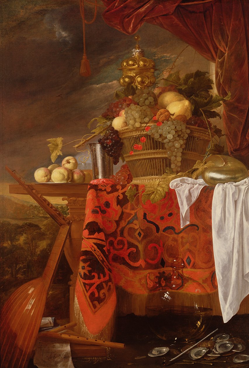A Basket of Mixed Fruit with Gilt Cup, Silver Chalice, Nautilus, Glass and Peaches on a Plate by Jan Davidsz de Heem