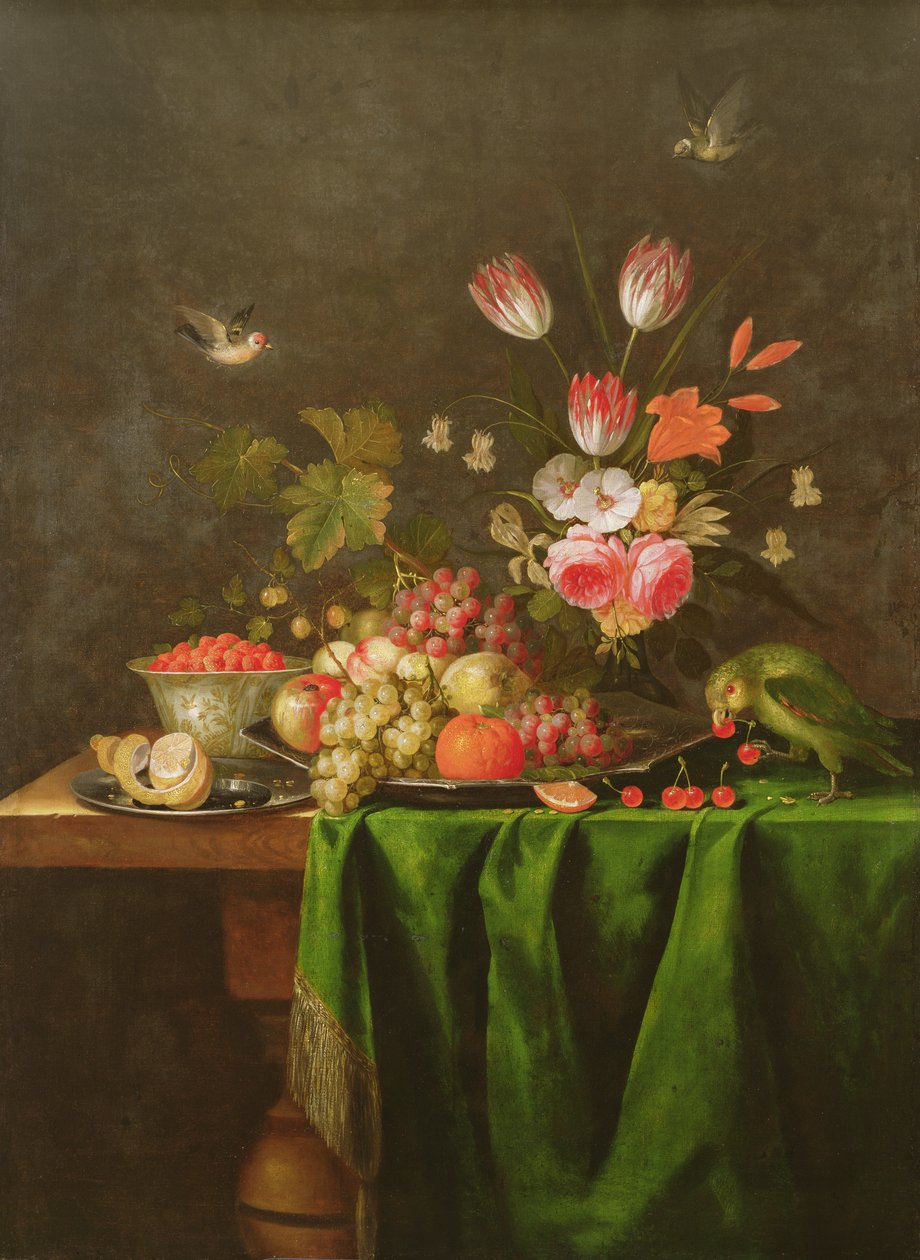 Still Life of Fruit and Flowers with a Parrot on a Table Covered with a Green Cloth by Jan Davidsz de Heem