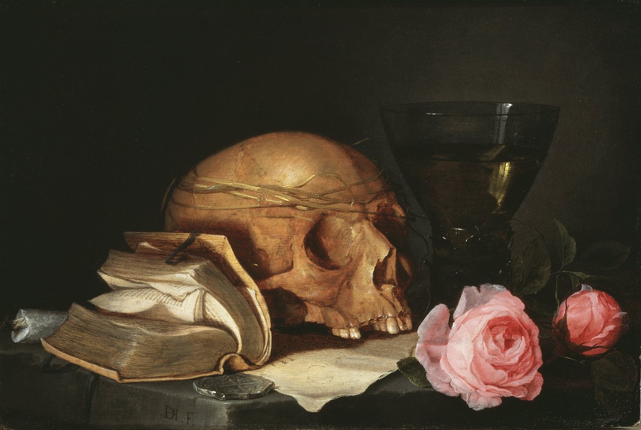 Vanitas Still Life with a Skull, a Book and Roses by Jan Davidsz de Heem