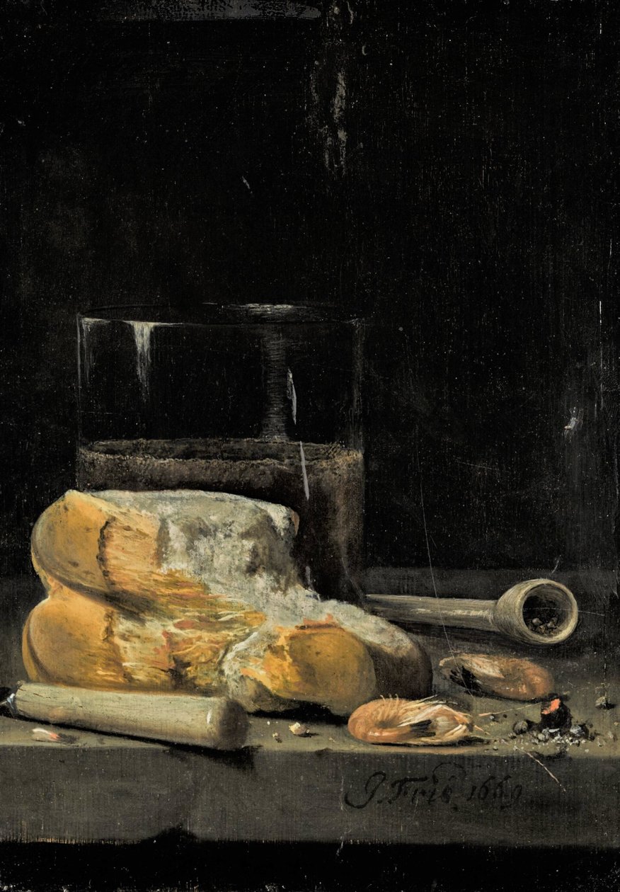Still Life of Bread, Prawns, a Pipe and a Glass of Beer Arranged on a Table by Jan Fris