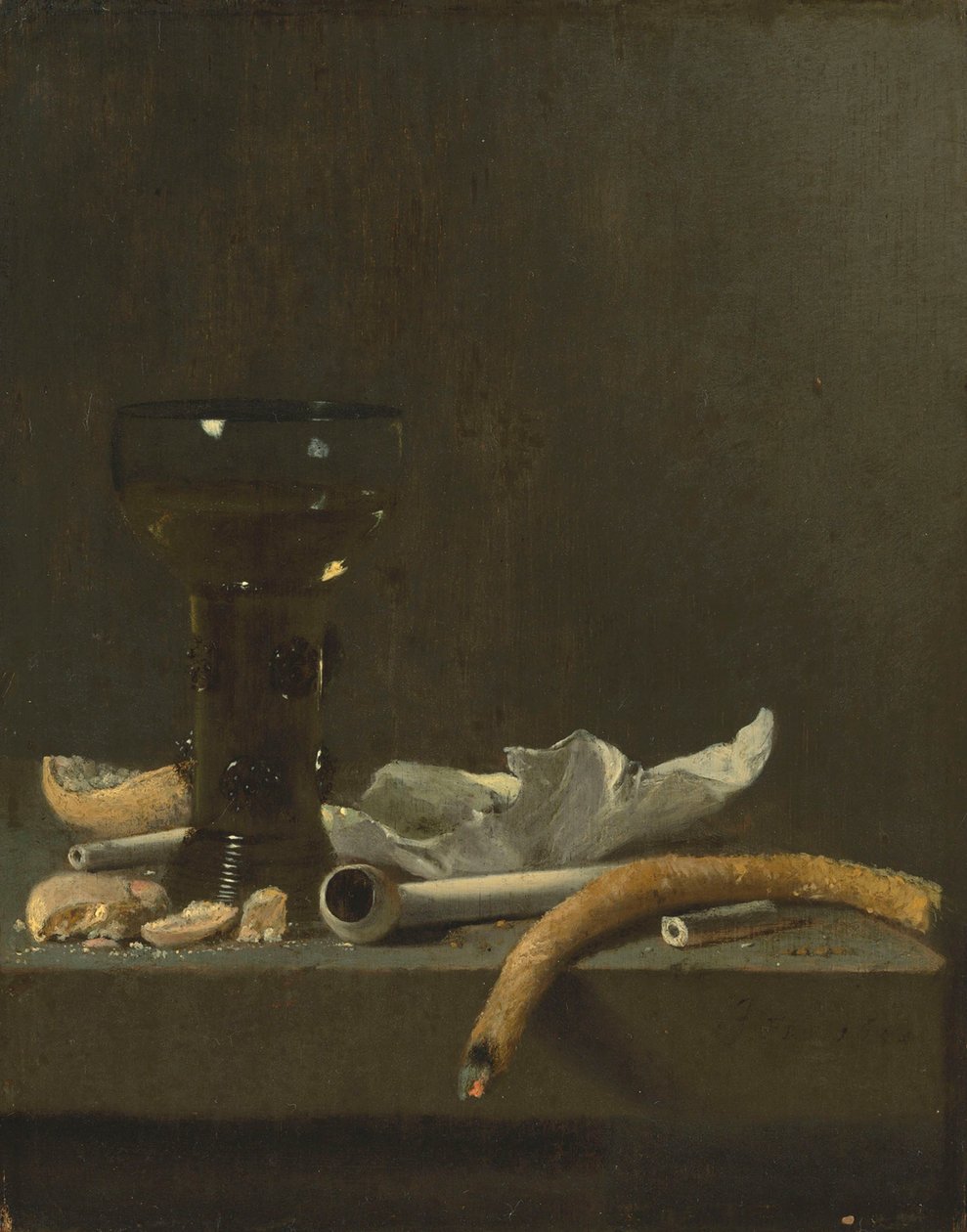 Still Life with Roemer, Clay Pipe and a Lit Taper on a Ledge by Jan Fris