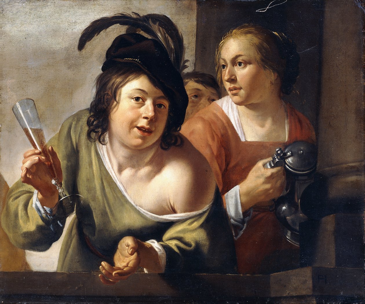 A Young Toper and a Serving Maid Drinking on a Balcony by Jan Gerritsz. van Bronckhorst