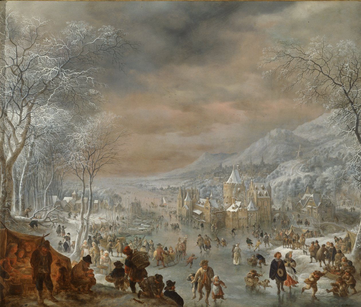 Winter Landscape with Skaters, Church and Village Along the Bank of a River by Jan Griffier