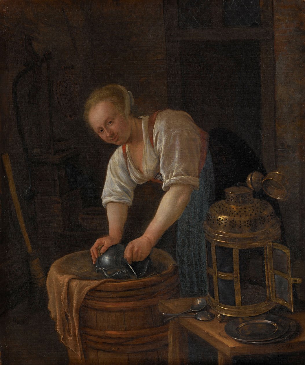 Woman Scouring Metalware by Jan Havickszoon Steen