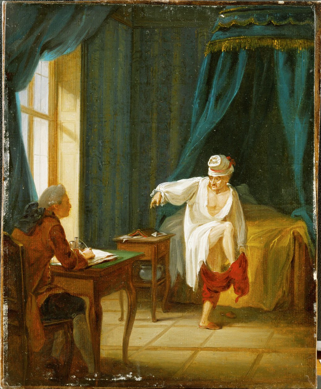 Voltaire in His Night Shirt, Putting on His Trousers While Dictating to His Secretary by Jan Huber