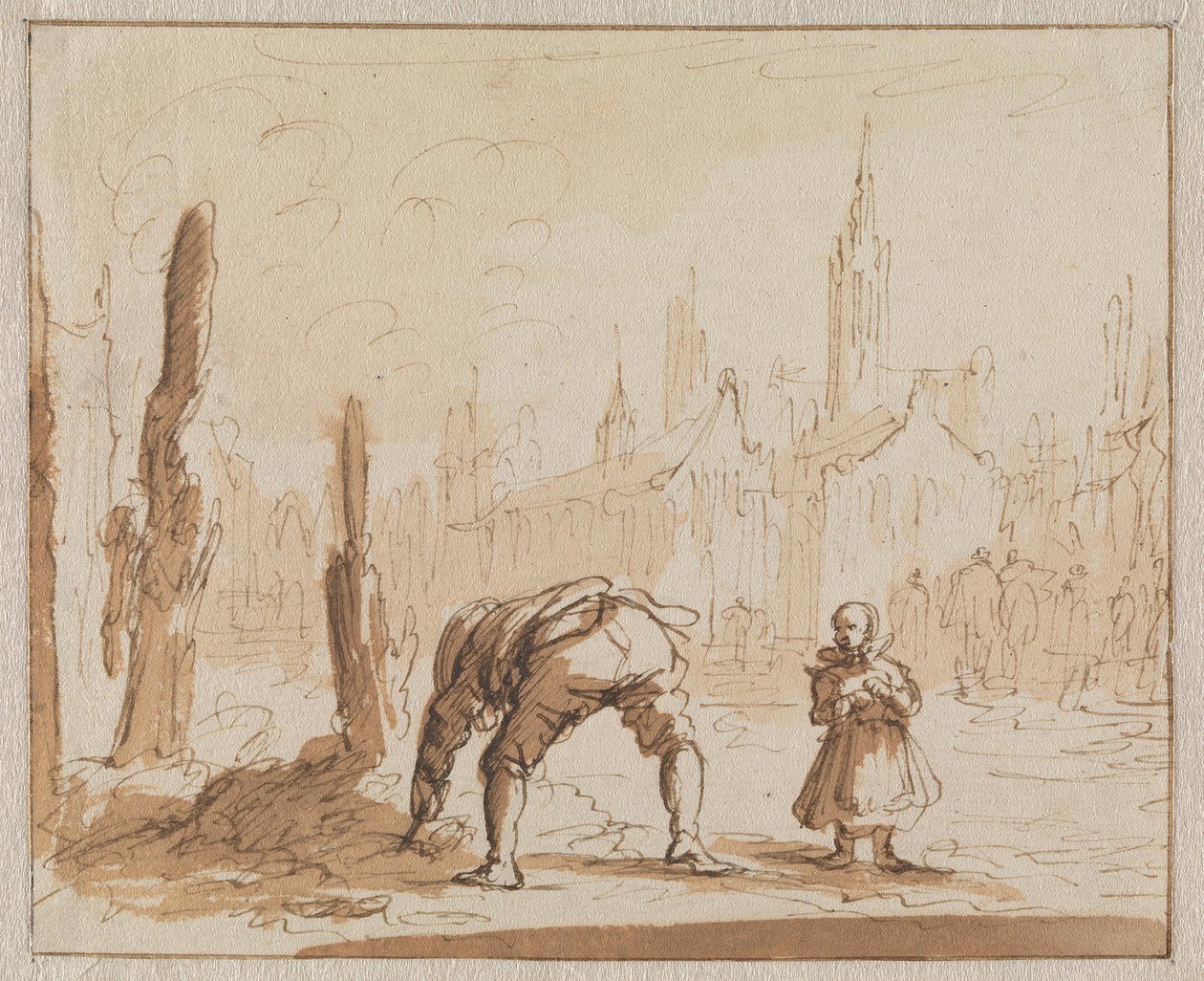 Adriaen Wens searches in the ashes for the mouth screw that had been fitted to his mother in Antwerp in 1573 by Jan Luyken