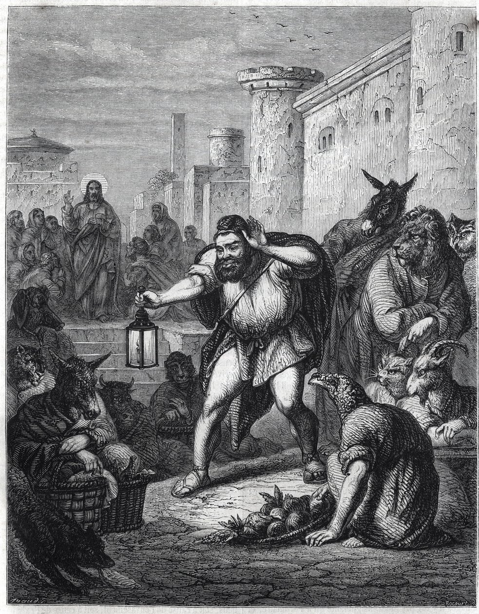 Esop and Christ: the Greek writer Esop (Esop or Esopus, 6th century BC), with a lantern in his hand, crosses a walk among characters with heads of animals in search of a man. Behind him we see Jesus Christ. Illustration inspired by the fable Esope a un by Jan Luyken